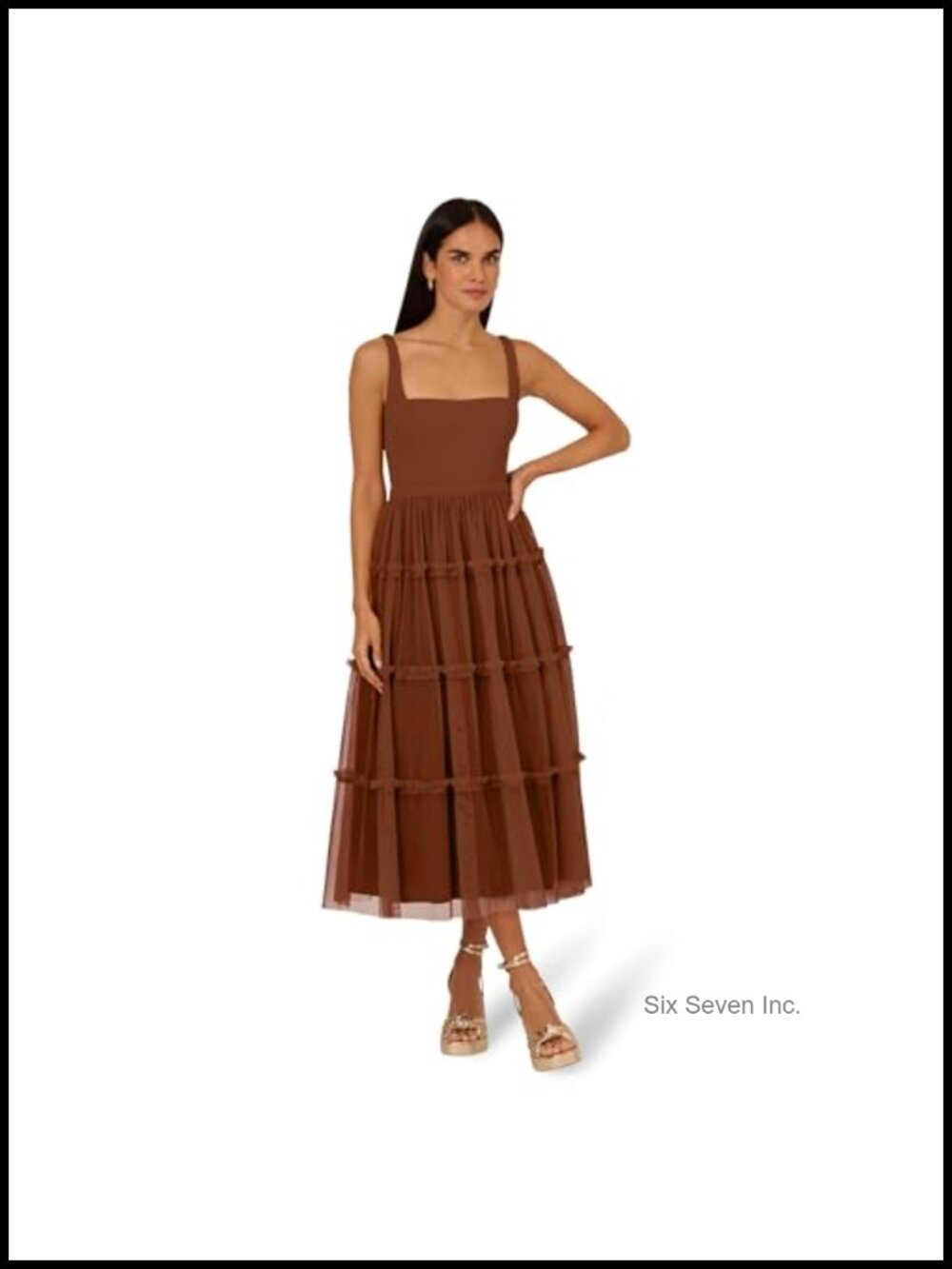 Adrianna Papell Knit and Mesh Midi Dress Sleeveless Fit & Flare Square Neck
